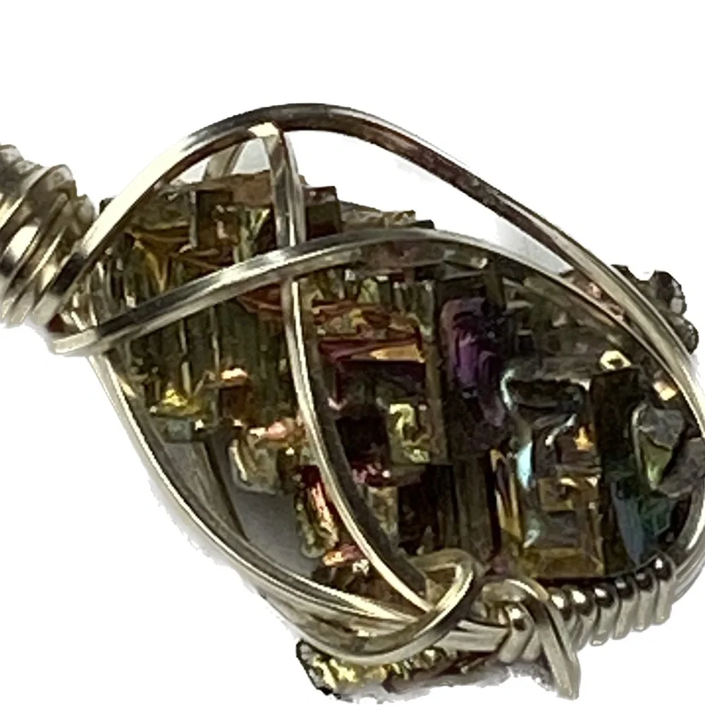 Artist Silver Wire cage wrapped pendant rainbow iridescent geometric bismuth